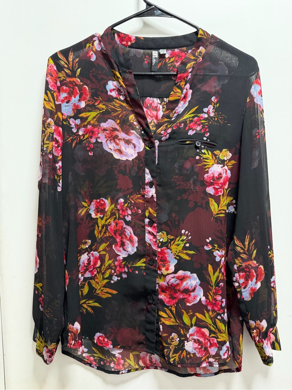 KUT From The Kloth Woman Size S Sheer Floral Dark Romantic Blouse Roll Tab Roses